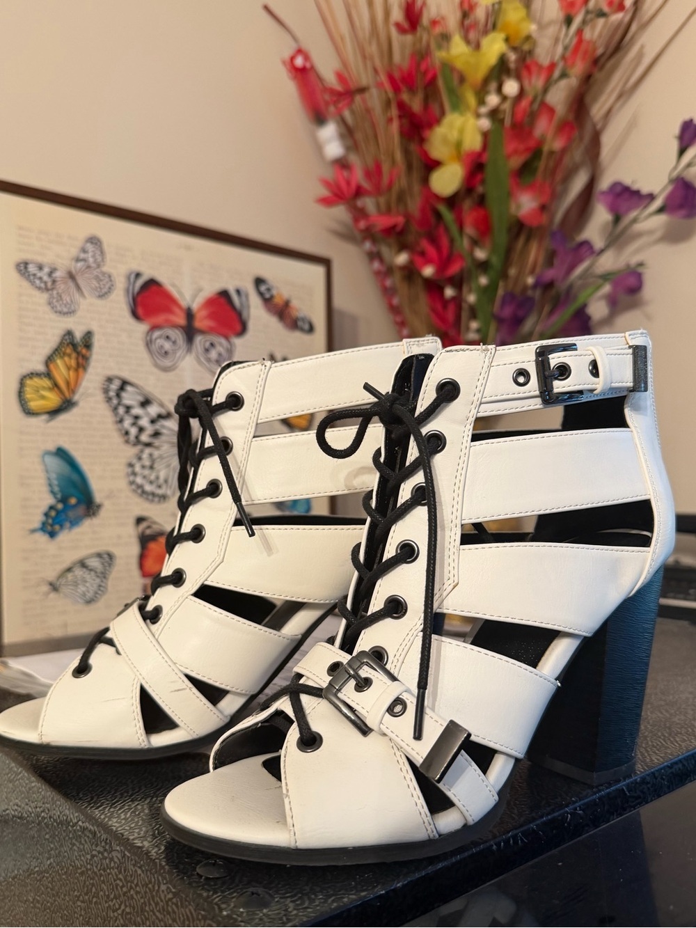 Guess White Strappy Lace-Up Block Heel Sandals